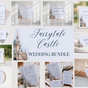 Può includere: Un pacchetto di cancelleria per matrimoni a tema castello delle fiabe. Include inviti, segnaposto, menu e segnaletica. Il testo "Fairytale Castle Wedding Bundle" è visualizzato in una scrittura elegante.