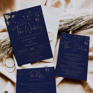 Deep Navy and Gold Wedding Invitation Set, Dark Blue Wedding Invite Template, INDIGO