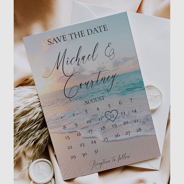 Beach Wedding Save The Date Template, Printable Calendar Save The Date, Ocean Wedding