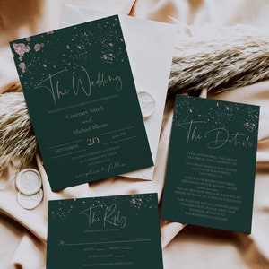 Emerald Green and Rose Gold Wedding Invitation Set, Forest Green and Pink Gold Wedding Invite Template, ASPEN