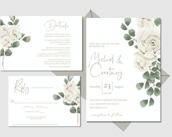 White Floral and Greenery Wedding Invitation Set, Rustic Eucalyptus Printable Invite