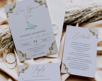Cinderella Wedding Invitation Set, Printable Fairytale Wedding Invite Template, Once Upon A Time