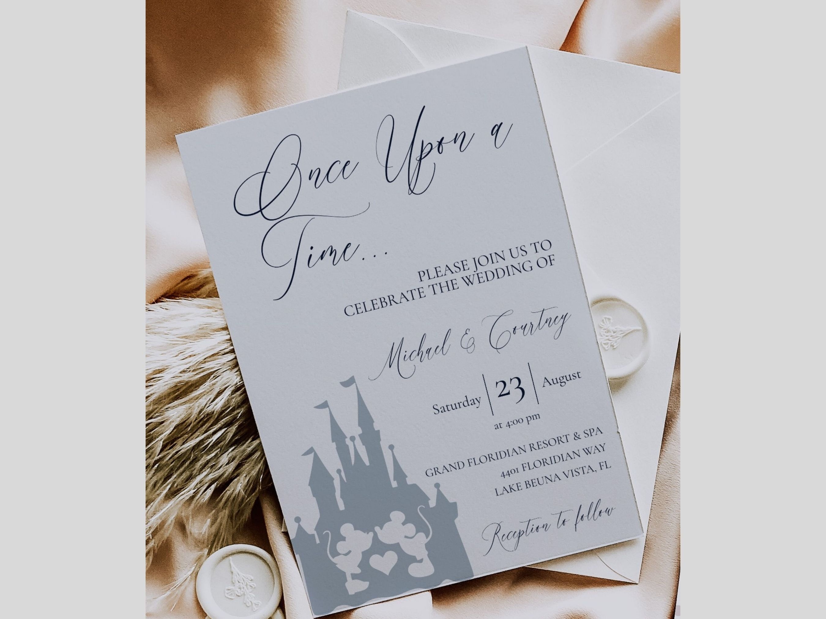 Plantilla de invitación de boda en el castillo, invitación de boda  imprimible de Mickey y Minnie, Érase una vez - Etsy México, image size:2700x2025