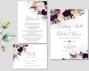 Conjunto de invitación de boda de color púrpura oscuro y malva, plantilla de invitación de boda púrpura, suite de invitación de color púrpura oscuro, descargable, JULIET