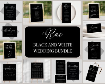 May include: Black and white wedding stationery bundle featuring calligraphy script. The set includes save the date cards, invitations, RSVP cards, table numbers, a welcome sign, menu cards, and thank you cards.