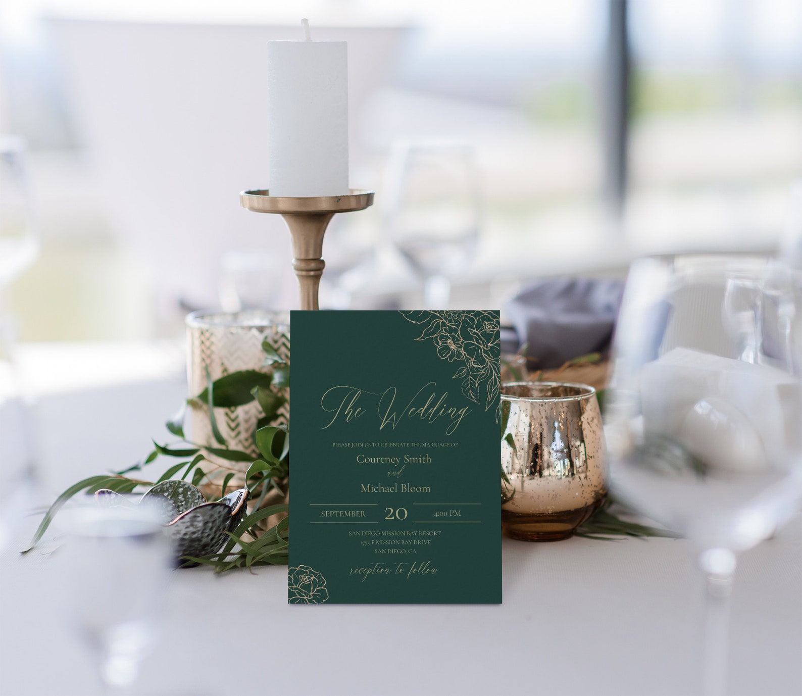 Emerald and Gold Floral Wedding Invitation Set, Printable Deep Green ...