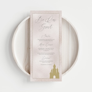 Plantilla de menú de boda Gold Castle, menú de boda de cuento de hadas imprimible, oro y plata