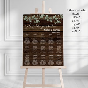 Rustic Wooden Greenery Wedding Seating Chart Template, Printable Eucalyptus Wedding Seating Chart Sign, EMILY