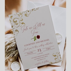 Beauty And The Beast Wedding Invitation Template, Printable Fairytale Wedding Invite, Red Rose