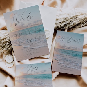 Beach Wedding Invitation Set, Printable Coastal Wedding Invite, Destination Wedding Template