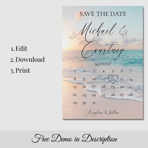 Pu&ograve; includere: Carta di salvataggio della data con uno sfondo di tramonto sulla spiaggia. La carta presenta un calendario con il 12 agosto cerchiato in un cuore. Il testo recita "Save the Date, Michael & Courtney, agosto, Ricevimento a seguire."