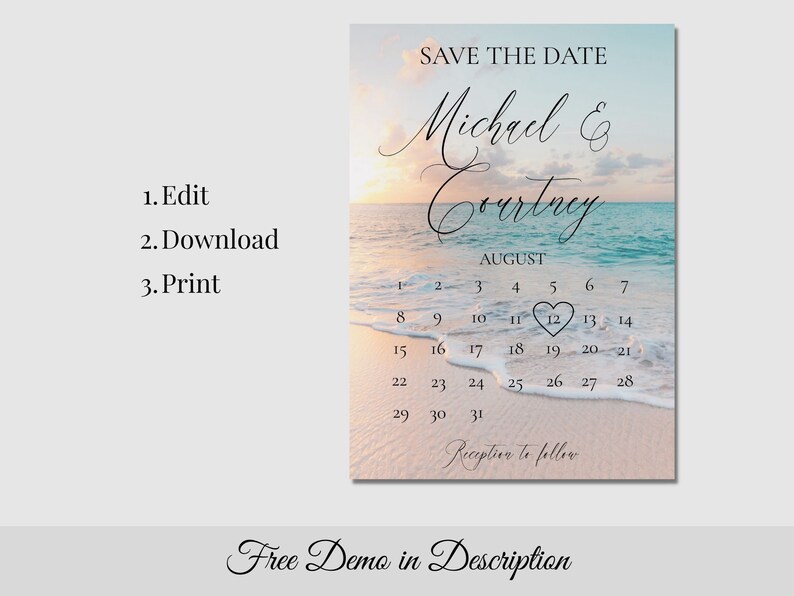 Pu&ograve; includere: Carta di salvataggio della data con uno sfondo di tramonto sulla spiaggia. La carta presenta un calendario con il 12 agosto cerchiato in un cuore. Il testo recita "Save the Date, Michael & Courtney, agosto, Ricevimento a seguire."