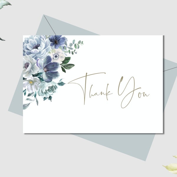 Dusty Blue Floral Wedding Thank You Card, Printable Light Blue and Gold Thank You Card Template, SOPHIA