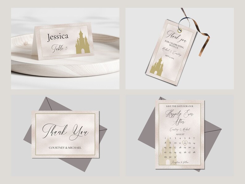 K&ouml;nnte beinhalten: Ein Set Hochzeitsschriftgut mit einem M&auml;rchenthema. Die Papeterie umfasst eine Save-the-Date-Karte, eine Dankeskarte, eine Platzkarte und ein Dankesch&ouml;n-Etikett. Die Karten haben einen Aquarellhintergrund mit einer goldenen Schlossillustration. Der Text auf den Karten enth&auml;lt die Namen "Courtney & Michael" und das Datum "19. August".