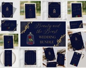 Beauty and The Beast Navy Wedding Bundle, Printable Fairytale Wedding Invitation Set, Dark Blue and Gold Wedding Signs, Enchanted Rose