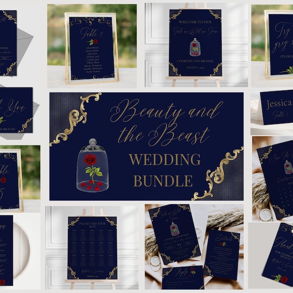 Beauty and The Beast Navy Wedding Bundle, Printable Fairytale Wedding Invitation Set, Dark Blue and Gold Wedding Signs, Enchanted Rose