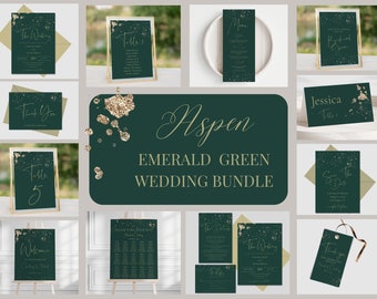 Smaragdgrüne und goldene Mega-Hochzeitseinladungs-Bundle, tiefgrüne druckbare Einladungs- und Sigs-Vorlagen, ASPEN