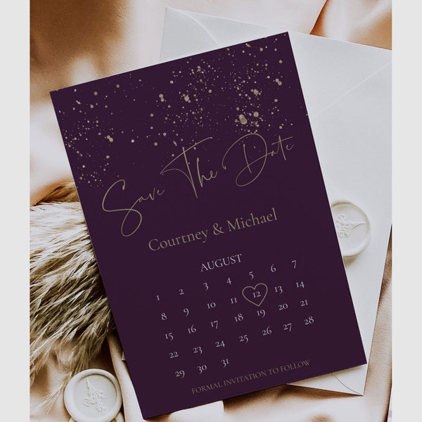 Deep Purple and Gold Save The Date Template, Calendar Save The Date Printable, Plum Wedding, MARGO