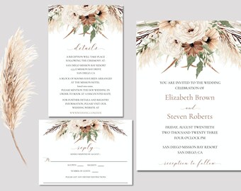 Puede incluir: Conjunto de invitaciones de boda con un diseño floral que incluye hierba de la pampa, rosas blancas y detalles marrones. La invitación incluye los nombres Elizabeth Brown y Steven Roberts, la fecha y hora de la boda, y la ubicación en el San Diego Mission Bay Resort. La tarjeta RSVP incluye una sección para aceptar o rechazar la invitación, el número de invitados que asistirán y cualquier restricción dietética.