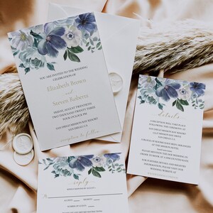 Floral Blue Wedding Invitation Set, Powder Blue and Gold Wedding Invite, Blue Greenery Invitation Set, Printable Wedding Invitation, VERITY