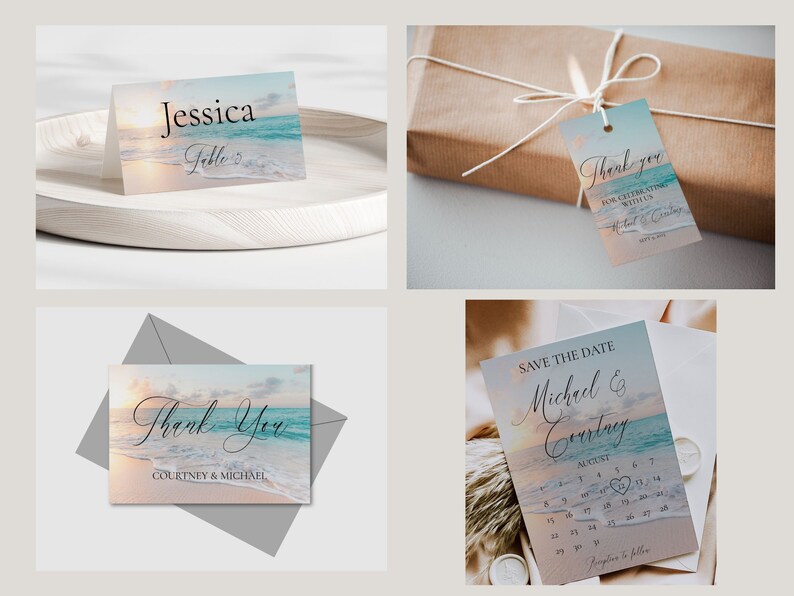 Pu&ograve; includere: Set di quattro biglietti di cancelleria per matrimoni a tema spiaggia con sfondo di tramonto e oceano. I biglietti includono un biglietto di salvataggio della data, un biglietto di ringraziamento, un biglietto di posto e un'etichetta regalo. I biglietti presentano un calendario con la data cerchiata, il testo "Save the Date", "Thank You", "Jessica" e "Table 5", e i nomi "Michael & Courtney".