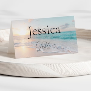 Modelo de cartão de nome de praia, cartão de casamento para impressão, casamento costeiro