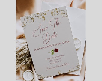 Beauty and the Beast Save The Date Template, Enchanted Rose Printable Save The Date, Red Rose and Gold