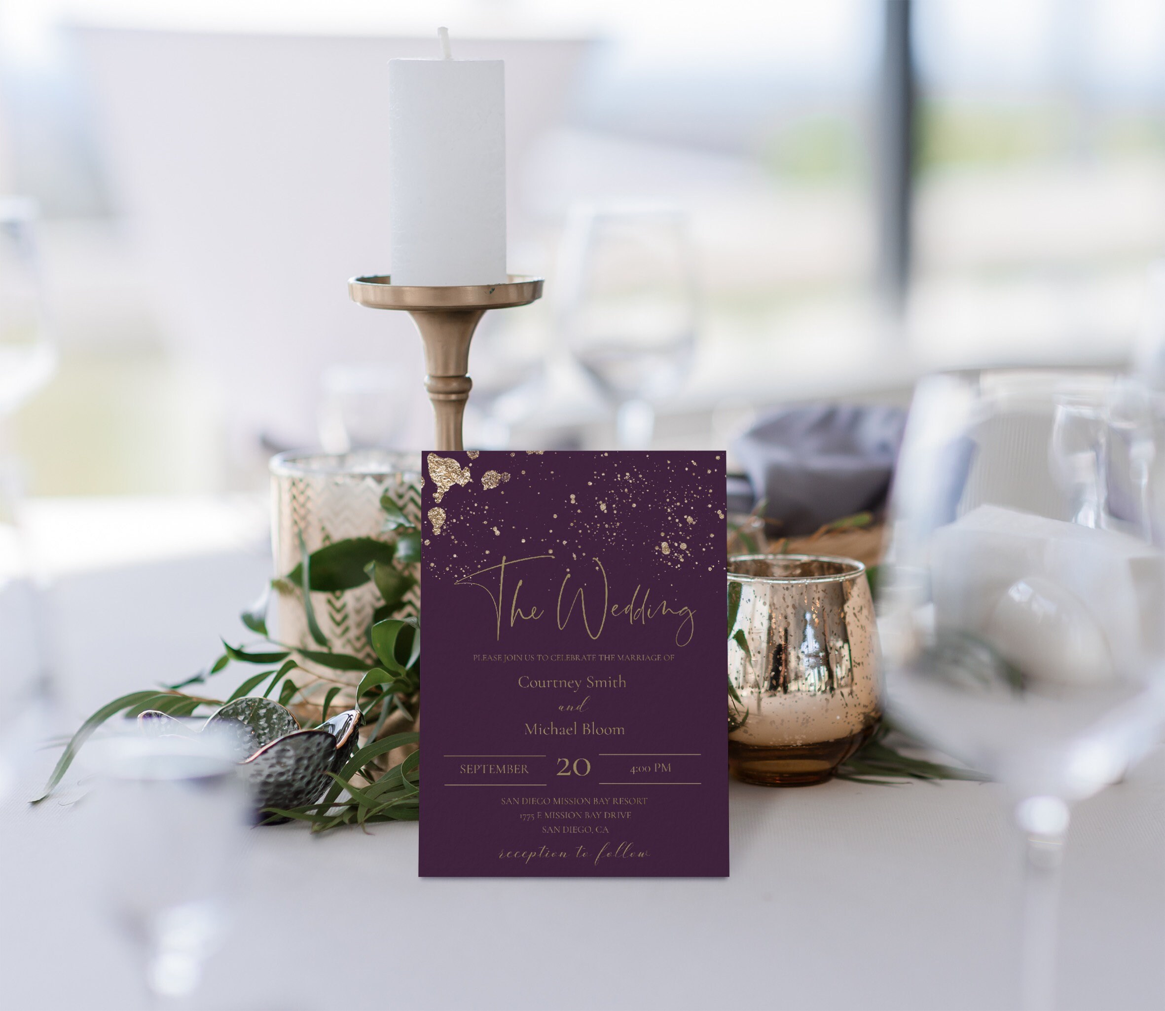 Dark Plum and Gold Wedding Invitation, Printable Deep Purple Invite ...