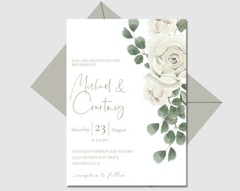 White Floral and Eucalyptus Printable Wedding Invitation, Rustic Greenery Wedding Invite Template