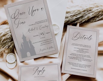 Conjunto de invitación de boda Glitter Castle, invitación de boda de cuento de hadas imprimible, confirmación de asistencia y detalles, Érase una vez