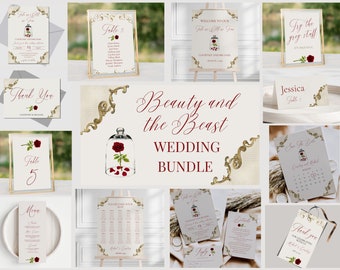 Beauty and The Beast Wedding Bundle, Printable Fairytale Wedding Invitation Set, Red and Gold Wedding Signs, Enchanted Rose
