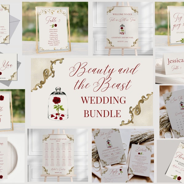 Beauty and The Beast Wedding Bundle, Printable Fairytale Wedding Invitation Set, Red and Gold Wedding Signs, Enchanted Rose