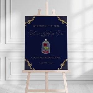 Beauty and The Beast Navy Wedding Welcome Sign Template, Printable Enchanted Rose Wedding Welcome Sign, Dark Blue and Gold