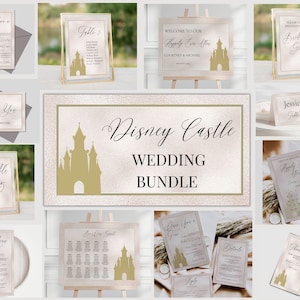 Paquete de boda imprimible Gold Castle, conjunto de invitación de boda de cuento de hadas, cartel de bienvenida, tabla de asientos, Disneyland