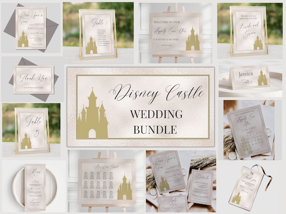 Gold Castle Printable Wedding Bundle, Fairytale Wedding Invitation Set, Welcome Sign, Seating Chart, Disneyland