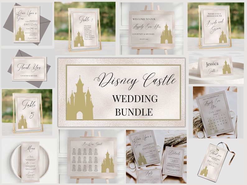 K&ouml;nnte beinhalten: Ein druckbares Hochzeits-Einladungs-Paket mit einem Disney-Schloss-Thema. Die Einladung zeigt eine goldene Schloss-Silhouette auf einem rosafarbenen Hintergrund mit Glitzer-Akzenten. Der Text "Happily Ever After" ist in schwarzer Schreibschrift geschrieben. Das Paket enth&auml;lt eine Vielzahl von druckbaren Artikeln, wie z. B. Einladungen, RSVP-Karten, Dankeskarten, Tischnummern und mehr.