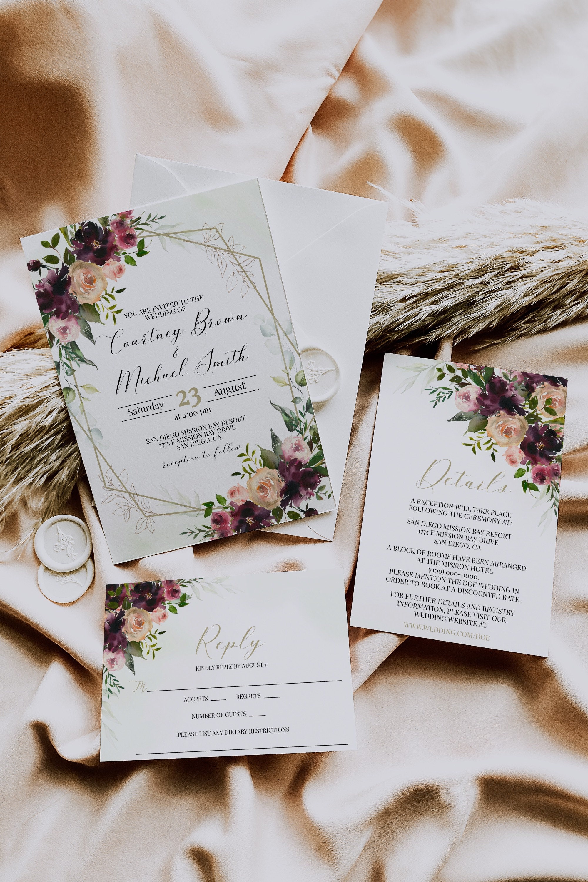 Wine and Pink Wedding Invite Set, Winter Wedding Invitation Template, Dark  Purple and Pink Invitation Suite, Downloadable, ROWAN - Etsy, image size:2000x3000