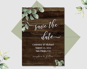 Rustic Wooden Save The Date Template, Dark Wood and Eucalyptus Greenery Save The Date Printable, EMILY
