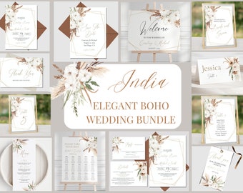 Elegant Boho Mega Wedding Invitation Bundle, White Floral and Rust Printable Invitation and Sign Templates, Bohemian, INDIA