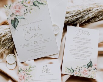 Blush Greenery Wedding Invitation Set, Printable Blush and Sage Wedding Invite, ROSIE
