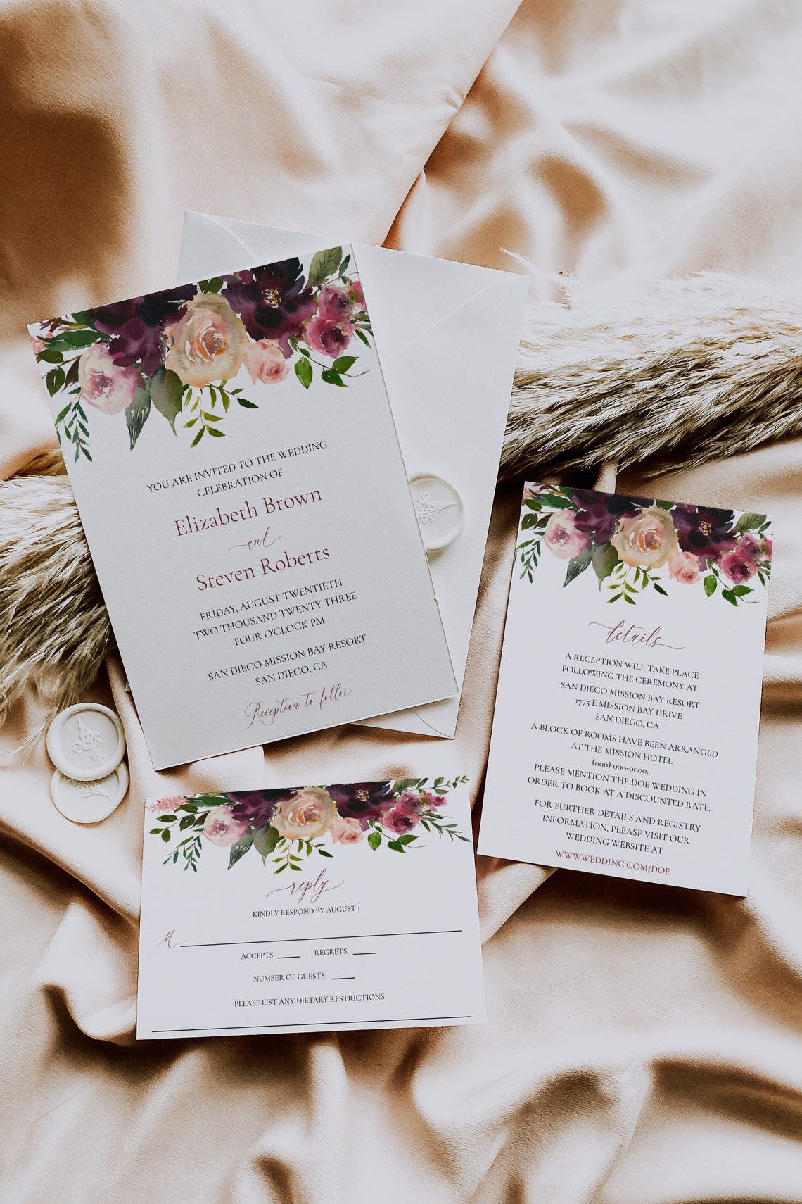 Wine and Pink Wedding Invite Set Elegant Dark Purple Wedding image 1