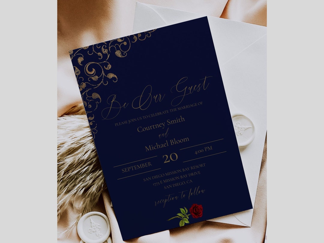 Beauty and the Beast Wedding Invitation Template, Dark Blue and Gold ...