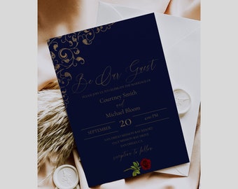 Beauty and The Beast Wedding Invitation Template, Dark Blue and Gold Printable Invite, Red Rose