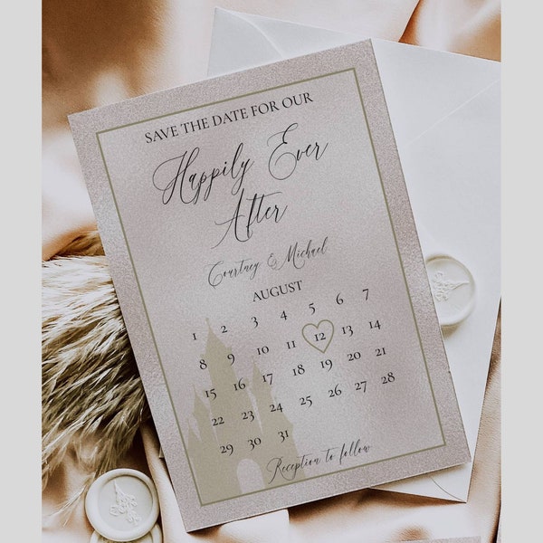 Glitter Gold Castle Save The Date, Printable Calendar Save The Date, Fairytale Wedding