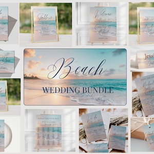 Pu&ograve; includere: Pacchetto di stampabili per matrimonio in spiaggia con sfondo di tramonto e oceano. Include salva la data, ringraziamenti, numero del tavolo, cartello di benvenuto e altro ancora.