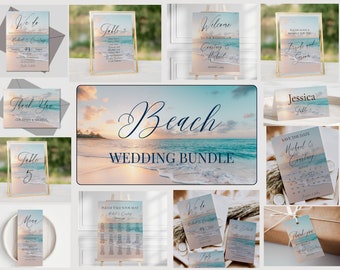 May include: Beach wedding printable bundle with a sunset and ocean background. Includes save the date, thank you, table number, welcome sign, and more.