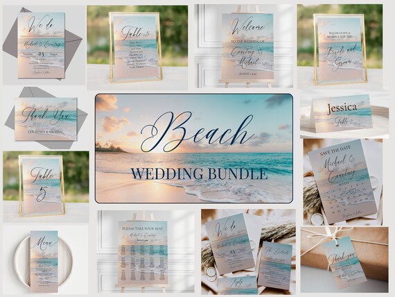Beach Wedding Printable Bundle, Coastal Wedding Invitation Templates, Beach Wedding Welcome Sign, Invite Set