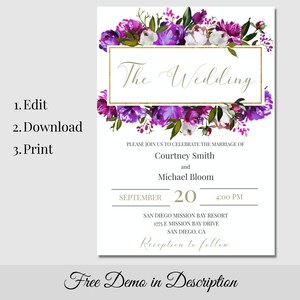 May include: Purple and white floral wedding invitation with gold accents. The text reads "The Wedding" and includes the names Courtney Smith and Michael Bloom, the date September 20, the time 4:00 PM, and the location San Diego Mission Bay Resort. The invitation also includes the text "Reception to follow".