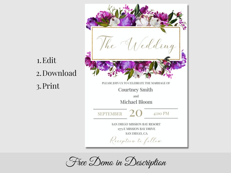 May include: Purple and white floral wedding invitation with gold accents. The text reads "The Wedding" and includes the names Courtney Smith and Michael Bloom, the date September 20, the time 4:00 PM, and the location San Diego Mission Bay Resort. The invitation also includes the text "Reception to follow".