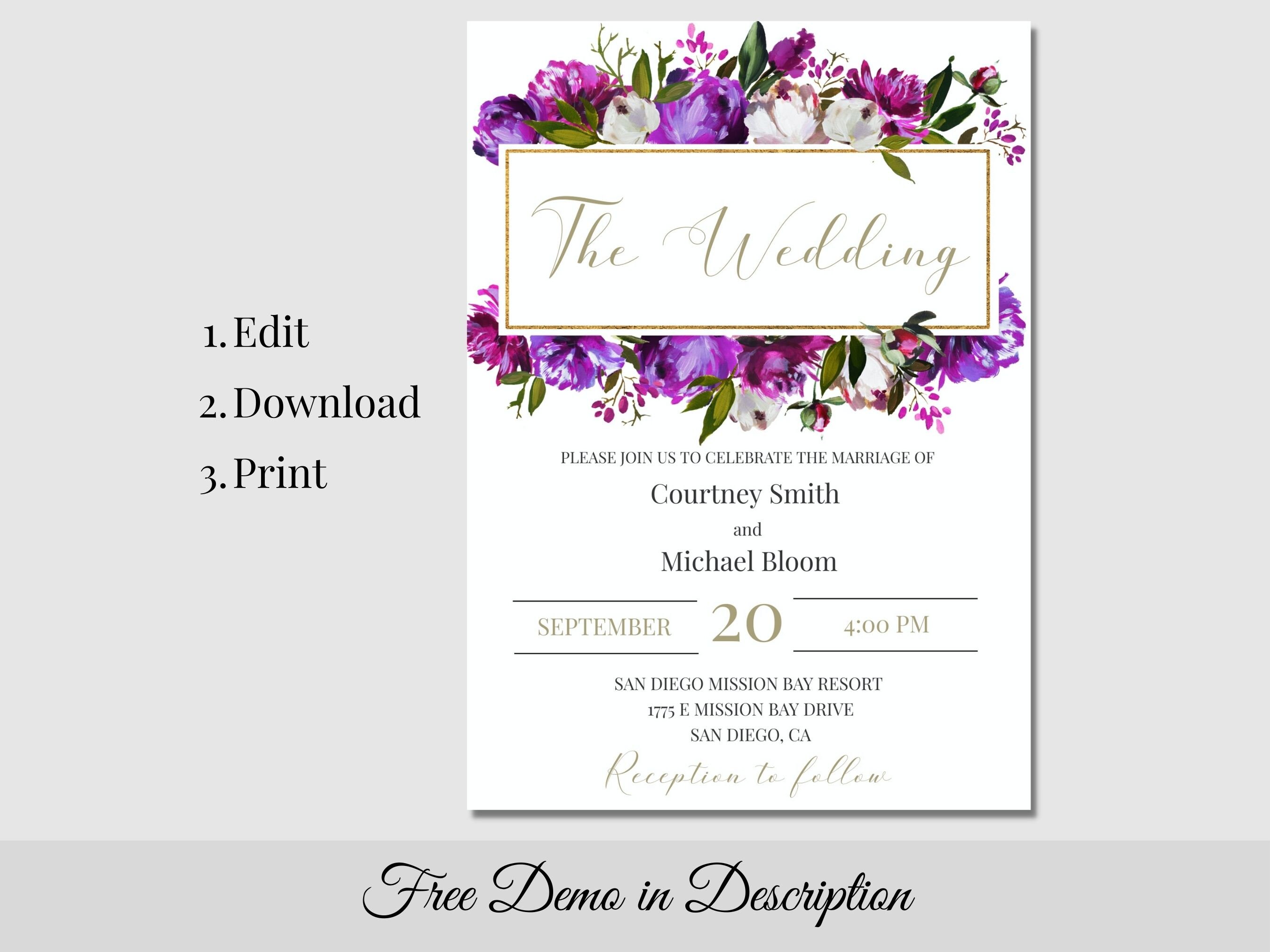 Purple Pink and Gold Wedding Invitation Template, Floral Fuchsia and ...